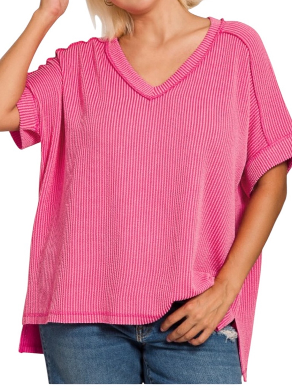 578. Plus Fuschia Pink Stretchy Ribbed V-Neck High-Low Short Sleeve Top NEW